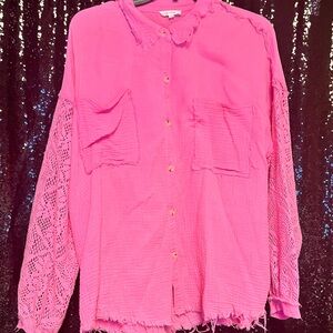 LA MIEL Pink Button Down Shirt with Lace Sleeves